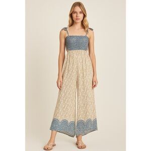 Free People Boho Smocked Wide-Leg Jumpsuit XS Blue Beige Floral Tie Straps
